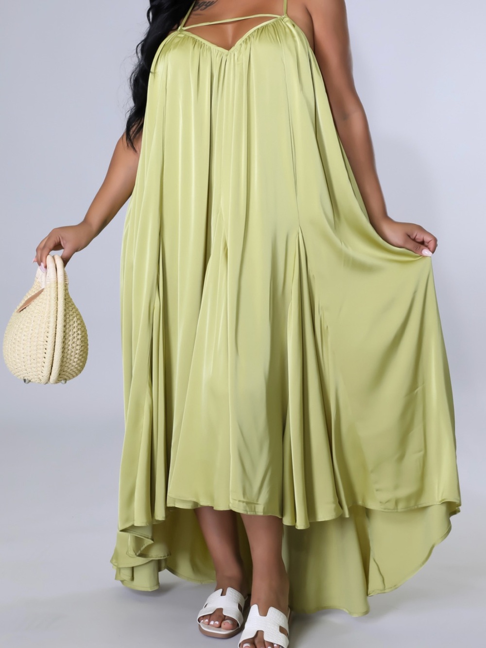 Flowing Olive Maxi Dress with Spaghetti Straps